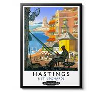 Hastings Print, England Travel Poster, Vintage UK Railway Wall Art, Retro tourism Postcard Home Decor Gift Idea, Archival Matte, A1 (Framed) - 84.1x59.4cm