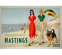 Hastings Traveling Dogs Ladies City - A4 Wall Art, Wanderlust Print, Inspirational World Map, Vintage City, Retro Poster, Home Decor for Living Room, Office, Gift Idea for Travel Lovers