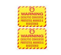HastingsDesigner 2x Warning Catalytic Converter Protected, Marked & Registered - Security Durable Laminated Vinyl Stickers suitable for exterior of a Car, Window, Bumper or any smooth surface