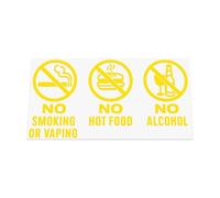 HastingsDesigner NO SMOKING OR VAPING, NO HOT FOOD, NO ALCOHOL - Large Size Vinyl Sticker Notice Sign, suitable for any smooth surface on Car, Taxi or Coach (Yellow)