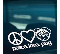 HastingsDesigner PEACE LOVE PUG Dog Funny Car Van Window Bumper Vinyl Decal Sticker (White)