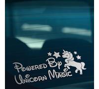 HastingsDesigner POWERED BY UNICORN MAGIC Funny Novelty Car, Window, Bumper Vinyl Decal Sticker (Silver)