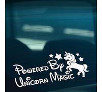 HastingsDesigner POWERED BY UNICORN MAGIC Funny Novelty Car, Window, Bumper Vinyl Decal Sticker (White)