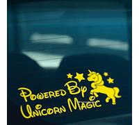 HastingsDesigner POWERED BY UNICORN MAGIC Funny Novelty Car, Window, Bumper Vinyl Decal Sticker (Yellow)