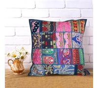 Hastvikas Decorative Handmade Patchwork Cotton Cushion Cover, from Rajasthan, India | Handcrafted Applique Work Kambhari Art Pillow Case for Sofa, Bed & Home Décor (Blue (18x18), 18x18 Inches)