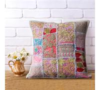 Hastvikas Decorative Handmade Patchwork Cotton Cushion Cover, from Rajasthan, India | Handcrafted Applique Work Kambhari Art Pillow Case for Sofa, Bed & Home Décor (White (18x18), 18x18 Inches)