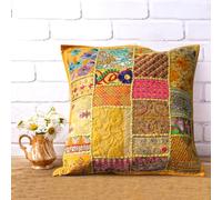 Hastvikas Decorative Handmade Patchwork Cotton Cushion Cover, from Rajasthan, India | Handcrafted Applique Work Kambhari Art Pillow Case for Sofa, Bed & Home Décor (Yellow (18x18), 18x18 Inches)