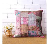 Hastvikas Decorative Patchwork Appliqué Accent Cotton Cushion Covers Handmade in Barmer, Rajasthan, India | Kambhari Ethnic Design that Adding Colour to Your Home | 16x16 in (Pink)