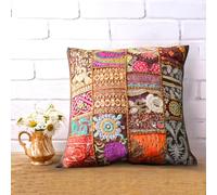 Hastvikas Decorative Patchwork Appliqué Accent Cotton Cushion Covers Handmade in Barmer, Rajasthan, India | Kambhari Ethnic Design that Adding Colour to Your Home | 16x16 in (Brown)