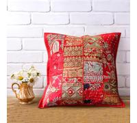 Hastvikas Decorative Patchwork Appliqué Accent Cotton Cushion Covers Handmade in Barmer, Rajasthan, India | Kambhari Ethnic Design that Adding Colour to Your Home | 16x16 in (Red)
