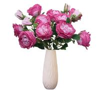 HASWITDA Artificial Silk Big Roses Peonies with Long Stem 8 Blooming Flower Heads 4 Buds Faux Flora Bouquet Fake Tall Decorative Centerpieces Arrangement for Indoor and Outdoor Hot Pink NO VASE