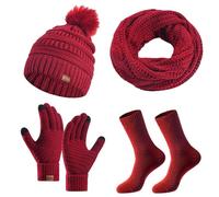Hat and Scarf Set for Women, 4 PCS Womens Winter Beanie 3 In1 Cable Knitted Hat Fleece Neck Warmer Touchscreen Gloves Set Fleece Lined Warm Thermal Outdoor Sports Sking Red One Size