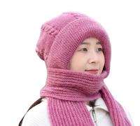 Hat and Scarf Set for Women UK Multifunction Integrated Ear Windproof Caps Scarfs Knitting Thick Warm Ear Guard Hat Hooded Scarf Solid Winter Knitted Hat Christmas Gifts Cooling Daily Essentials Sales