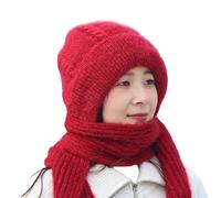 Hat and Scarf Set for Women UK Multifunction Integrated Ear Windproof Caps Scarfs Knitting Thick Warm Ear Guard Hooded Scarf Solid Winter Knitted Cooling Daily Essentials Sales Red