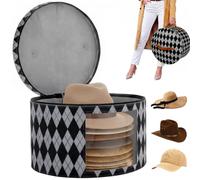 Hat Box with Lid, 43x43x26cm Large Round Felt Hat Storage Box with Clear Window and Handles, Foldable Travel Organiser for Cowboy Hats Sun Hats Fascinators, Wardrobe Storage (Black gray-Rhombus)