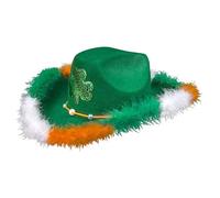 Hat for men Leprechaun With a drawstring Irish Green Three Leaves Pattern St Patrick's Fancy Dress Novelty Cowboy Costume For Adults Glittering Feather Hair Accessory for Women Men (Green, One Size)