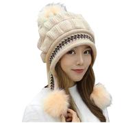 Hat for Women Knitted Thermal Beanie Hats for Women Pom Pom Fleece Womens Hats & Caps Warm Plush Thick Ladies Bobble UK with Ear Flaps Winter Hat Beige