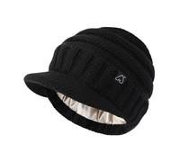 Hat Hut Beanie Hats for Women Men Satin Lined Winter Hats for Women Slouchy Beanies Satin Lined Beanie with Brim Visor (Black)