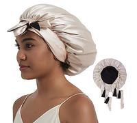 Hat Hut Satin Bonnet for Sleeping Cap for Curly Hair - Double Layer Reversible with Tie Band (Champagne/Black)