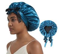 Hat Hut Satin Bonnet Silk Bonnet for Sleeping Cap for Curly Hair Bonnet for Women Double Layer Reversible Bonnet with Tie Band (Prussian Blue/Black)