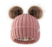 Hat Hut Satin Lined Beanie for Baby Winter Hats for Kids Toddler Double Bobble Hat Pom Pom Beanie for Boys Girls (B3-Pink 2 Poms)