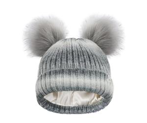 Hat Hut Satin Lined Beanie for Baby Winter Hats for Kids Toddler Double Bobble Hat Pom Pom Beanie for Boys Girls (B4-Grey 2 Poms)