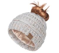 Hat Hut Satin Lined Beanie Hat for Women Silk Lined Winter Hat for Curly Hair Ponytail Beanie Messy Bun Knit Skull Cap (Oatmeal)