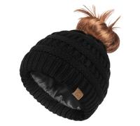 Hat Hut Satin Lined Beanie Hat for Women Silk Lined Winter Hat for Curly Hair Ponytail Beanie Messy Bun Knit Skull Cap (Black)
