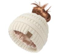 Hat Hut Satin Lined Beanie Hat for Women Silk Lined Winter Hat for Curly Hair Ponytail Beanie Messy Bun Knit Skull Cap (Beige)