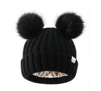 Hat Hut Toddler Beanie Satin Lined Beanie for Baby Winter Hats with Pom Pom for Kids Bobble Hat for Boys Girls (B5-Black 2 Black Poms)