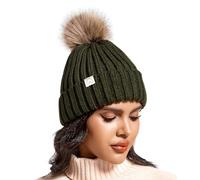 Hat Hut Winter Hats for Women Satin Lined Beanie Hats for Women Ladies Bobble Hat Warm Winter Cap Pom Pom Beanie (A6-Olive Green)