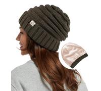 Hat Hut Womens Satin Lined Beanie Winter Hats with Silk Lining for Hair Slouchy Beanie Soft Warm Cable Knit Winter Hat (UK, Alpha, One Size, Taupe Green)