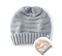 Hat Hut Womens Satin Lined Beanie Winter Hats with Silk Lining for Hair Slouchy Beanie Soft Warm Cable Knit Winter Hat (UK, Alpha, One Size, Light Grey)