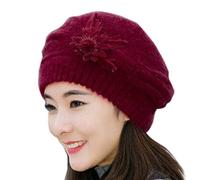 Hat Mens Leather Fashion Womens Flower Knit Crochet Hat Winter Warm Cap Beret Big Head (Wine, One Size)