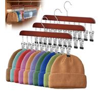 Hat Rack Set of 3 Wooden Hanger with Adjustable 10 Rubber Metal Clip Heavy Duty Wardrobe Organiser and Storage for Baseball Cap Closet Essential Fit All Cap(brown,3)