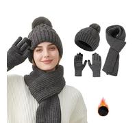 Hat Scarf and Gloves Set Ladies, Slouchy Beanies, 3pcs Cap Thick Fleece Lined Unisex Winter Stretchy Elastic Hat Scarf and Gloves Set for Winter Knitted Beanie Hat and Circle Scarf Set Soft Fleece