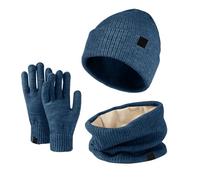 Hat Scarf and Gloves Set Ladies Thermal Warm Knitted Beanie Cap Men Soft Fleece Brushed Inner Lining Elastic Circle Neck Warmer Thicken Touchscreen Gloves Winter Set Blue