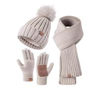 Hat Scarf And Gloves Set Ladies, Winter Beanie Hat For Women With Pom Pom Fleece Lined Warm Thermal, Bobble Hat Touchscreen Gloves Women Scarf Neck Warmer 3 In 1 Cold Weather Set