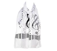 Hat To Socks Musical Notes and Piano Print Premium Chiffon Satin Scarf for Women - Korean Made Lightweight Sheer Fashion Wrap, Soft Elegant Shawl (White)