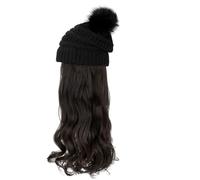 Hat Wig Detachable 23.6" Long Wavy Curly Hair Hats for Women Winter Warm Soft Knitted Hats with Hair Attached for Women Black