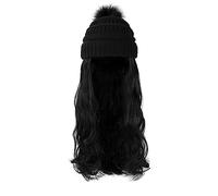 Hat Wig Hat Wig Synthetic Long Wavy Wigs With Beret Hat Knitted Fashion Black Autumn Winter Cap Hair Wig Hair Extensions Wig Cap(B 22TH88)