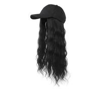 Hat Wig Short Wave Baseball Cap Wigs with Curly Hair Extensions Synthetic Wave Adjustable Baseball Hat Wigs for Women (Long Wave-Black)