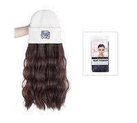 Hat Wig White Knitted Hat With Hair Wigs For Women Synthetic Long Curly Hair Cap Natural Black Brown Hair Extension False Hair Wig Cap(A)