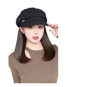 Hat Wig Winter Octagonal Beret Hat Wigs Integrated Retro Versatile Small Face Atmosphere Sense(Black octagonal beret [Brown black] inner buckle 30cm)
