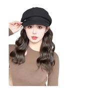 Hat Wig Winter Octagonal Beret Hat Wigs Integrated Retro Versatile Small Face Atmosphere Sense(Black octagonal beret [Cold Brown] Egg roll 30cm)
