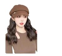 Hat Wig Winter Octagonal Beret Hat Wigs Integrated Retro Versatile Small Face Atmosphere Sense(Brown octagonal beret [Brown black] Egg roll 30cm)