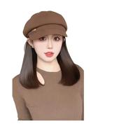Hat Wig Winter Octagonal Beret Hat Wigs Integrated Retro Versatile Small Face Atmosphere Sense(Brown octagonal beret [Cold Brown] inner deduction 30cm)