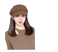 Hat Wig Winter Octagonal Beret Hat Wigs Integrated Retro Versatile Small Face Atmosphere Sense(Brown octagonal beret [Brown black] inner deduction 30cm)