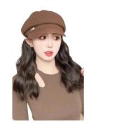 Hat Wig Winter Octagonal Beret Hat Wigs Integrated Retro Versatile Small Face Atmosphere Sense(Brown octagonal beret [Cold Brown] Egg roll 30cm)