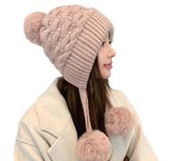 Hat with Ear Flaps Beanie Hat Women Thick Warm Knitted Hats for Winter Fleece Lined Skullies Beanies Lady Ski Earflap Caps(Pink)